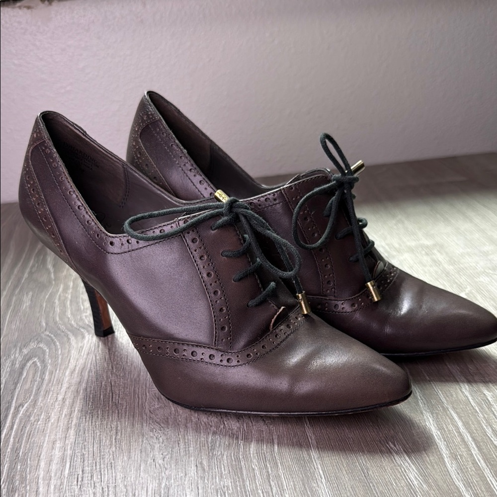 Joan & David Brown Leather Heels with Brogue Detailing